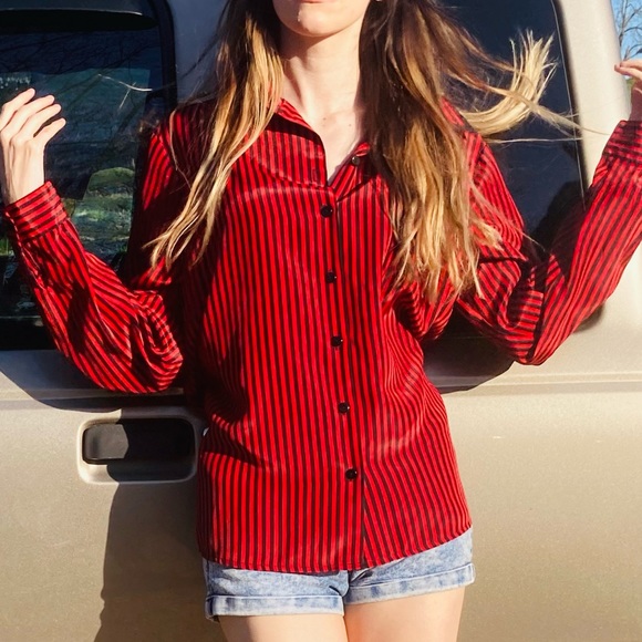 Liz Baker Black and Red Stripe Shirt Blouse - Picture 2 of 8